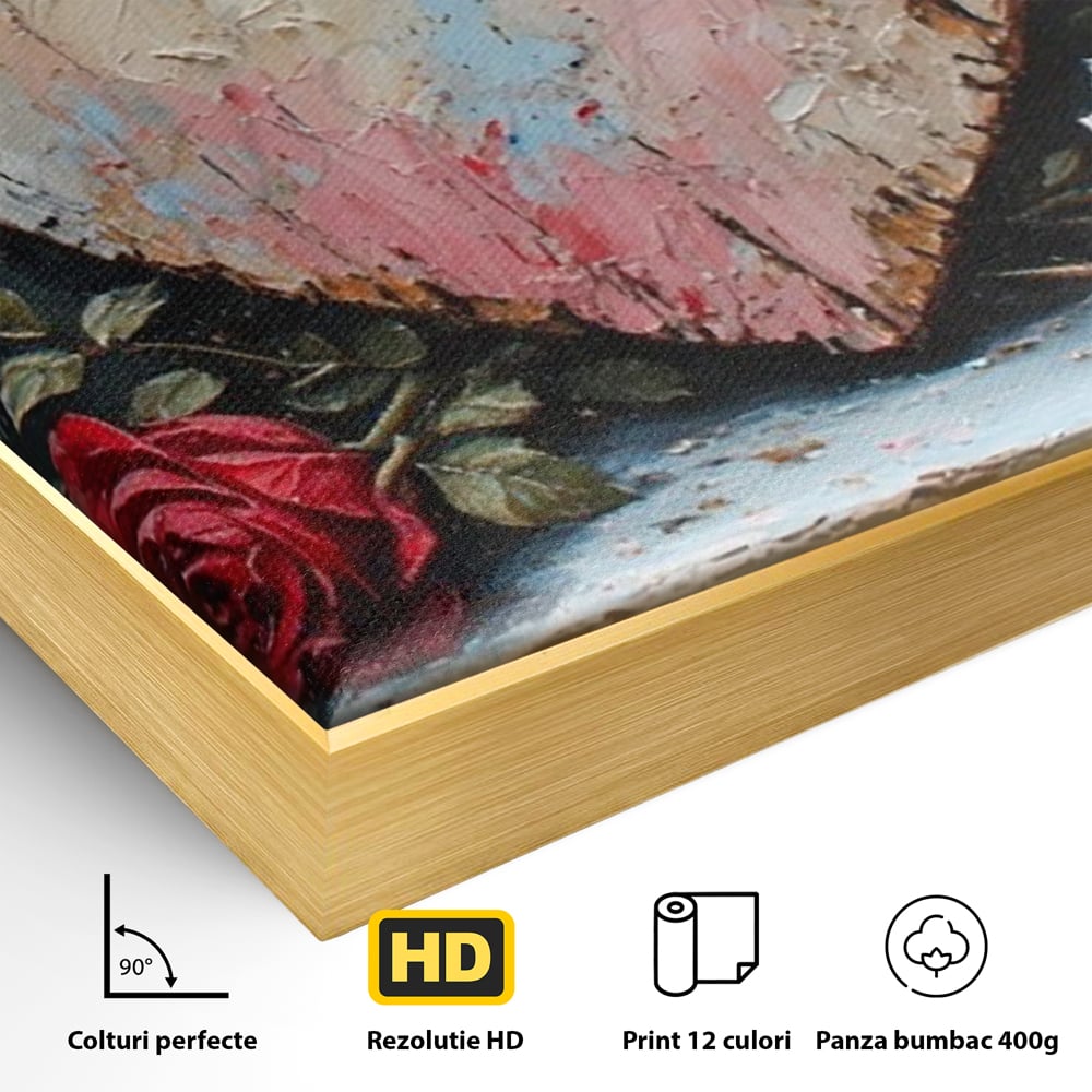 Detaliu al suprafetei: tablou canvas cu inima din lemn si flori, in rama de aluminiu auriu